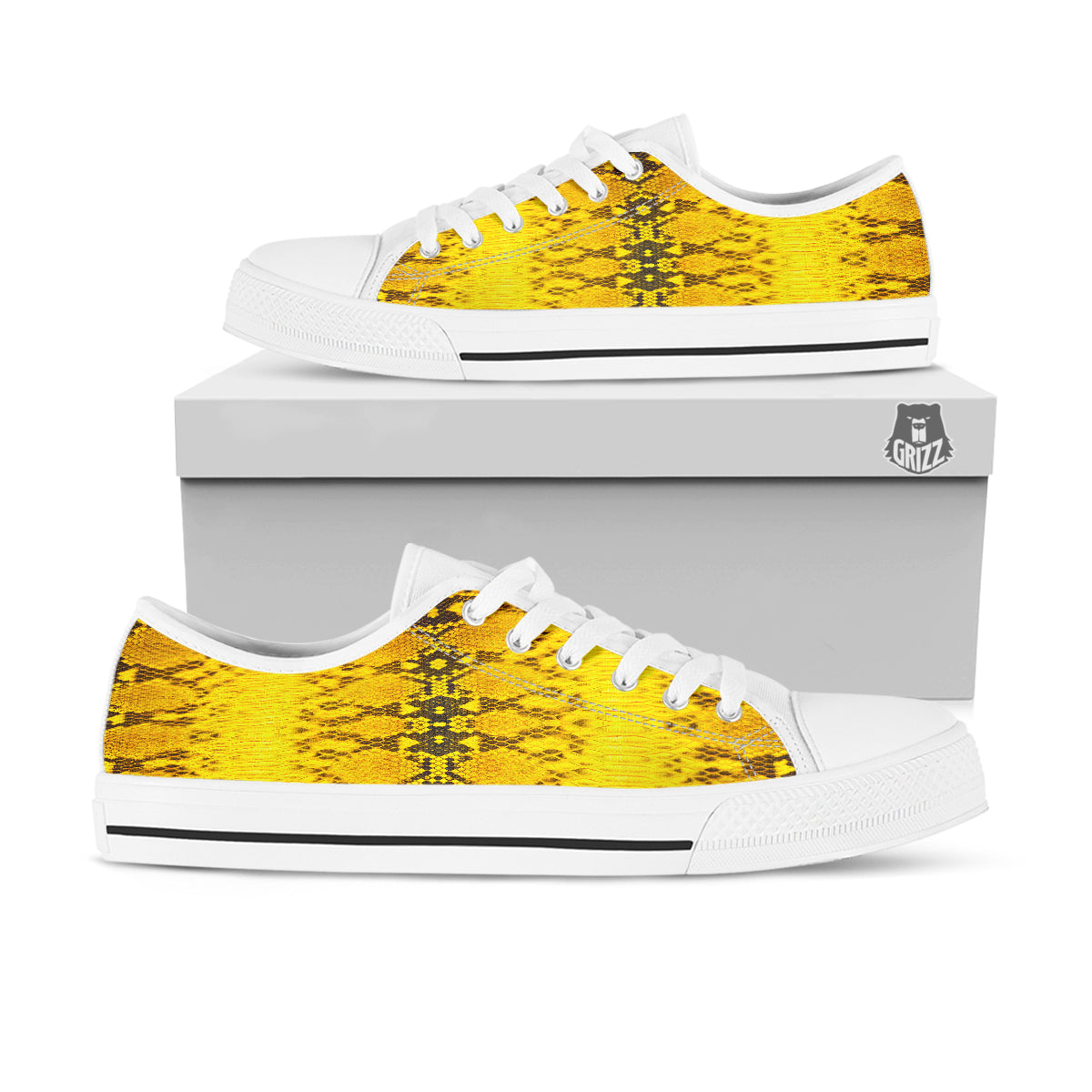 Snake Skin Yellow Print White Low Top Shoes-grizzshop