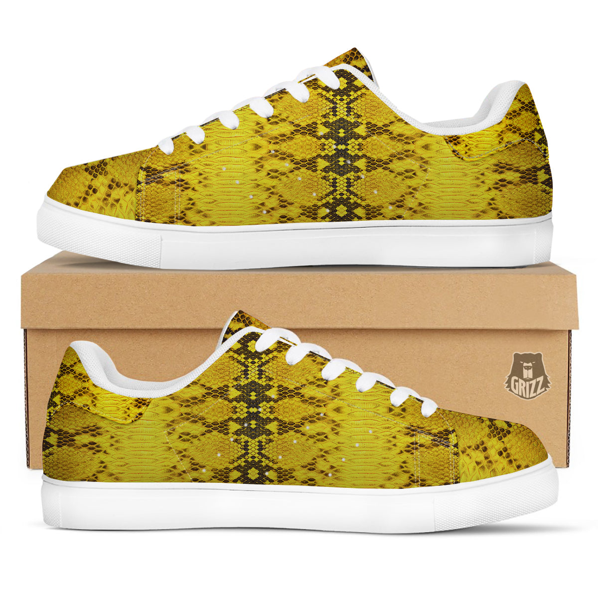 Snake Skin Yellow Print White Low Top Sneakers-grizzshop