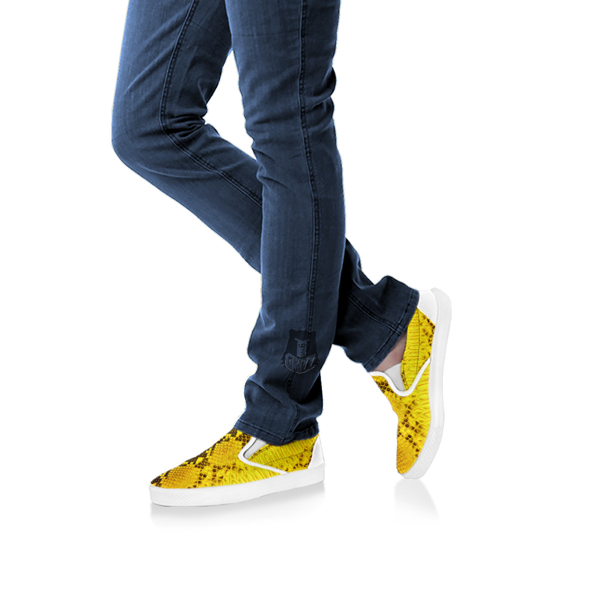 Snake Skin Yellow Print White Slip On Shoes-grizzshop