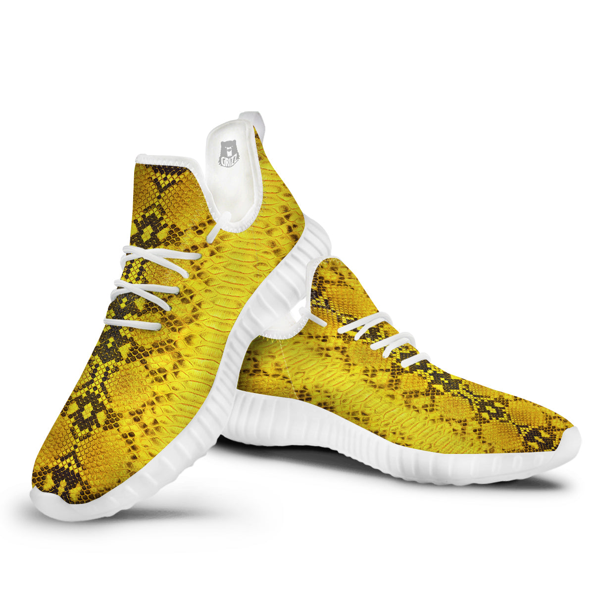 Snake Skin Yellow Print White Walking Shoes-grizzshop