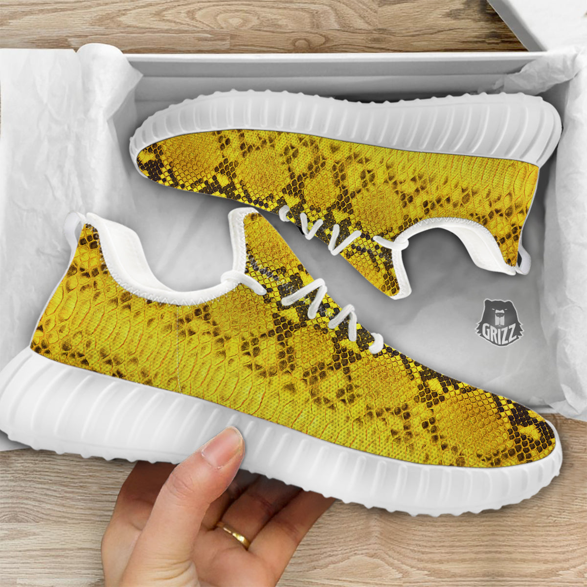 Snake Skin Yellow Print White Walking Shoes-grizzshop