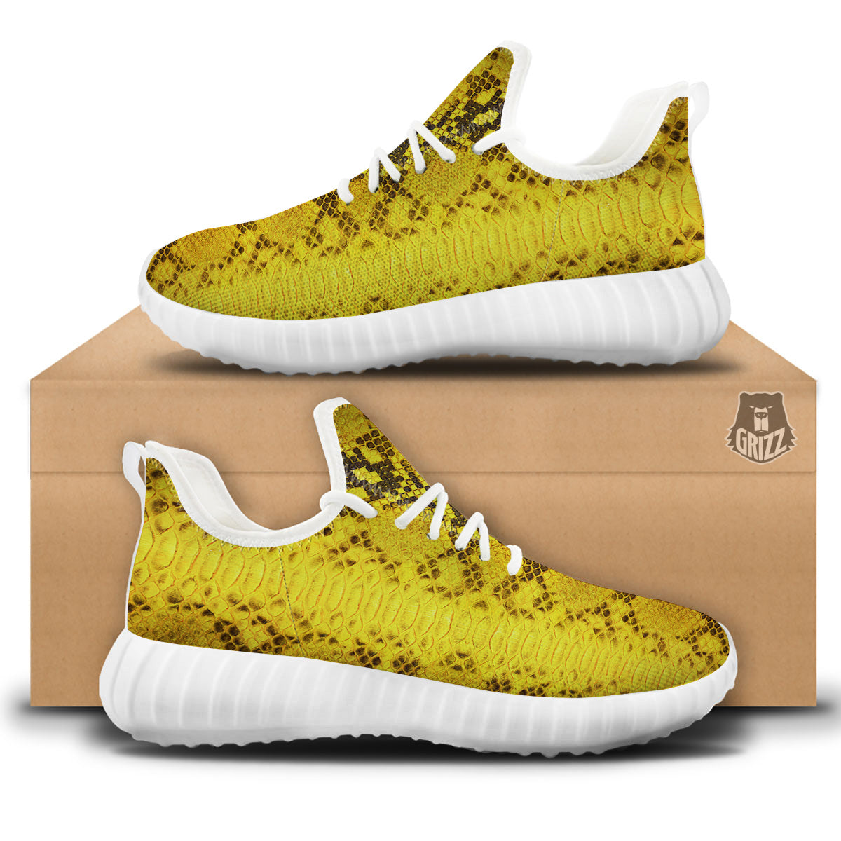 Snake Skin Yellow Print White Walking Shoes-grizzshop