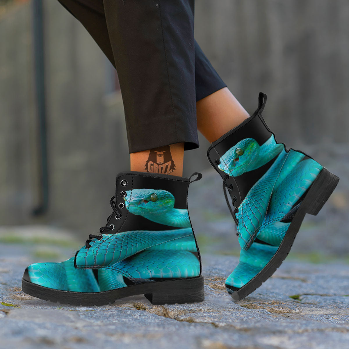 Snake Turquoise Print Leather Boots-grizzshop