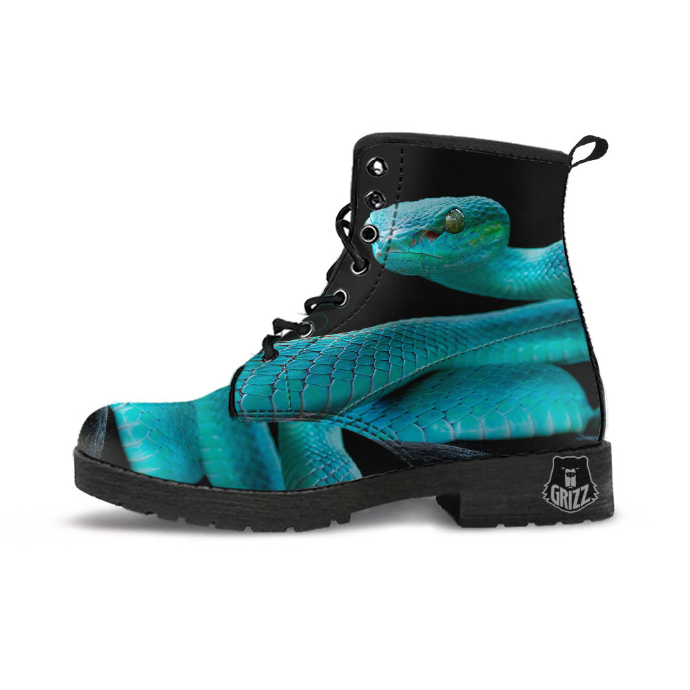 Snake Turquoise Print Leather Boots-grizzshop