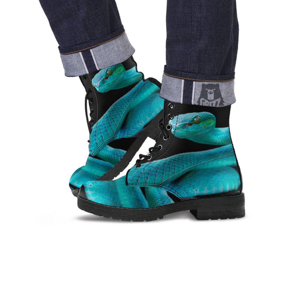 Snake Turquoise Print Leather Boots-grizzshop