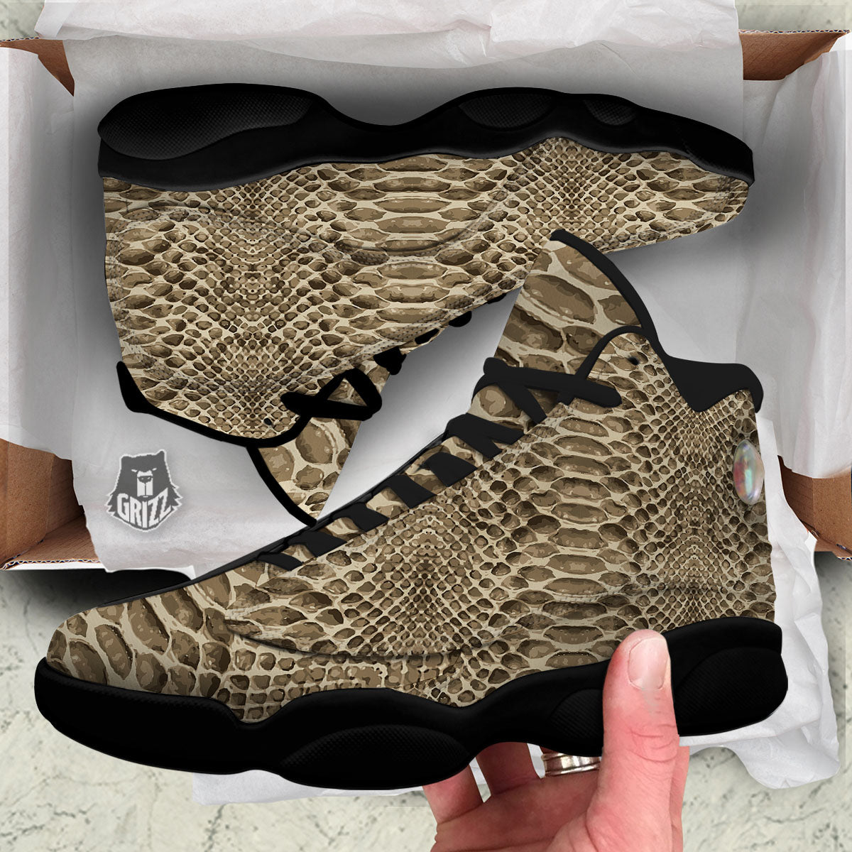 Snakeskin Beige Print Black Basketball Shoes-grizzshop