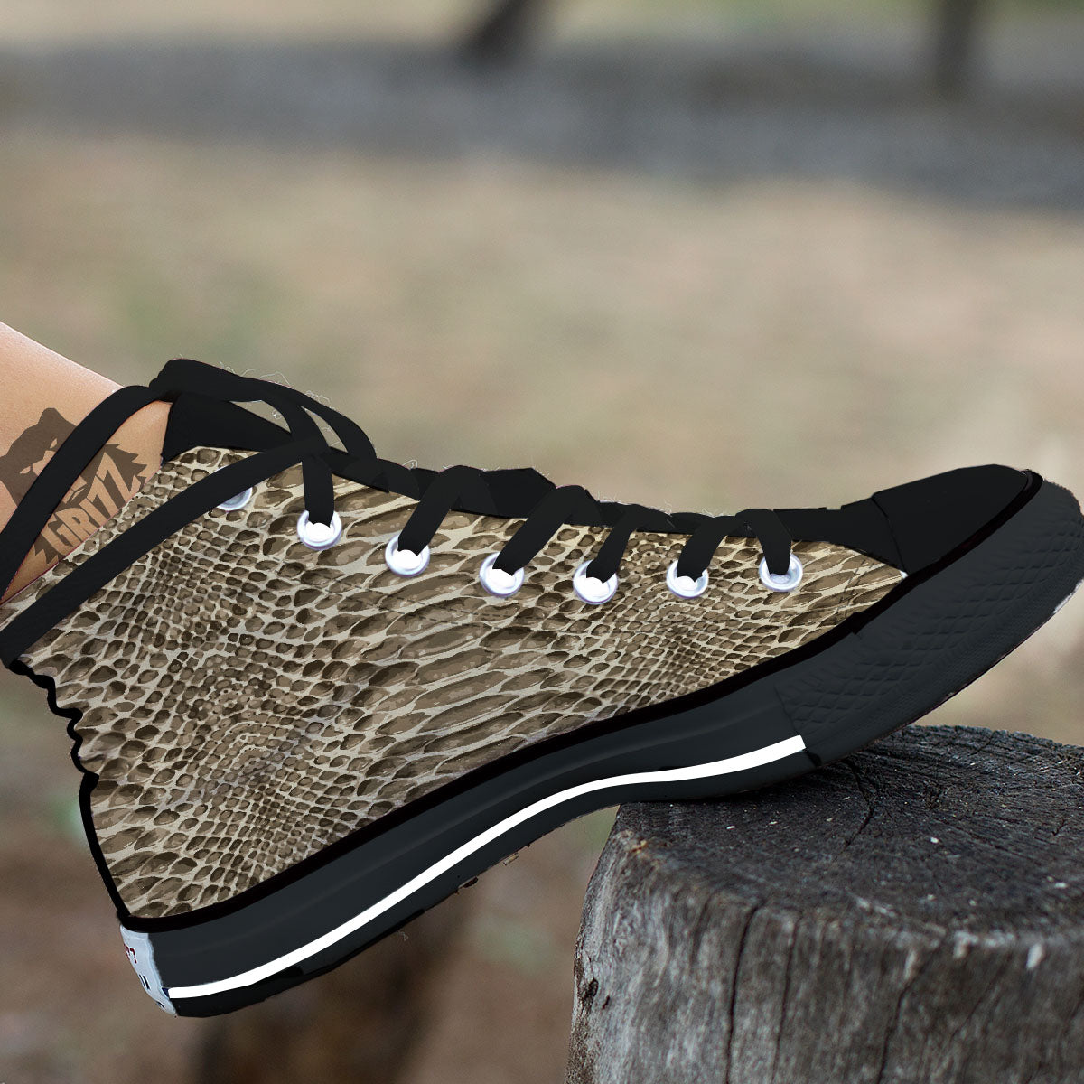 Snakeskin Beige Print Black High Top Shoes-grizzshop