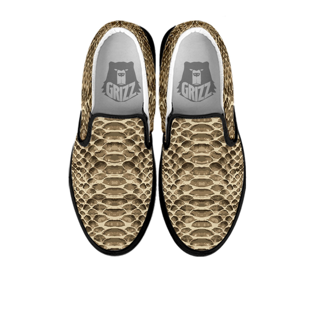 Snakeskin Beige Print Black Slip On Shoes-grizzshop