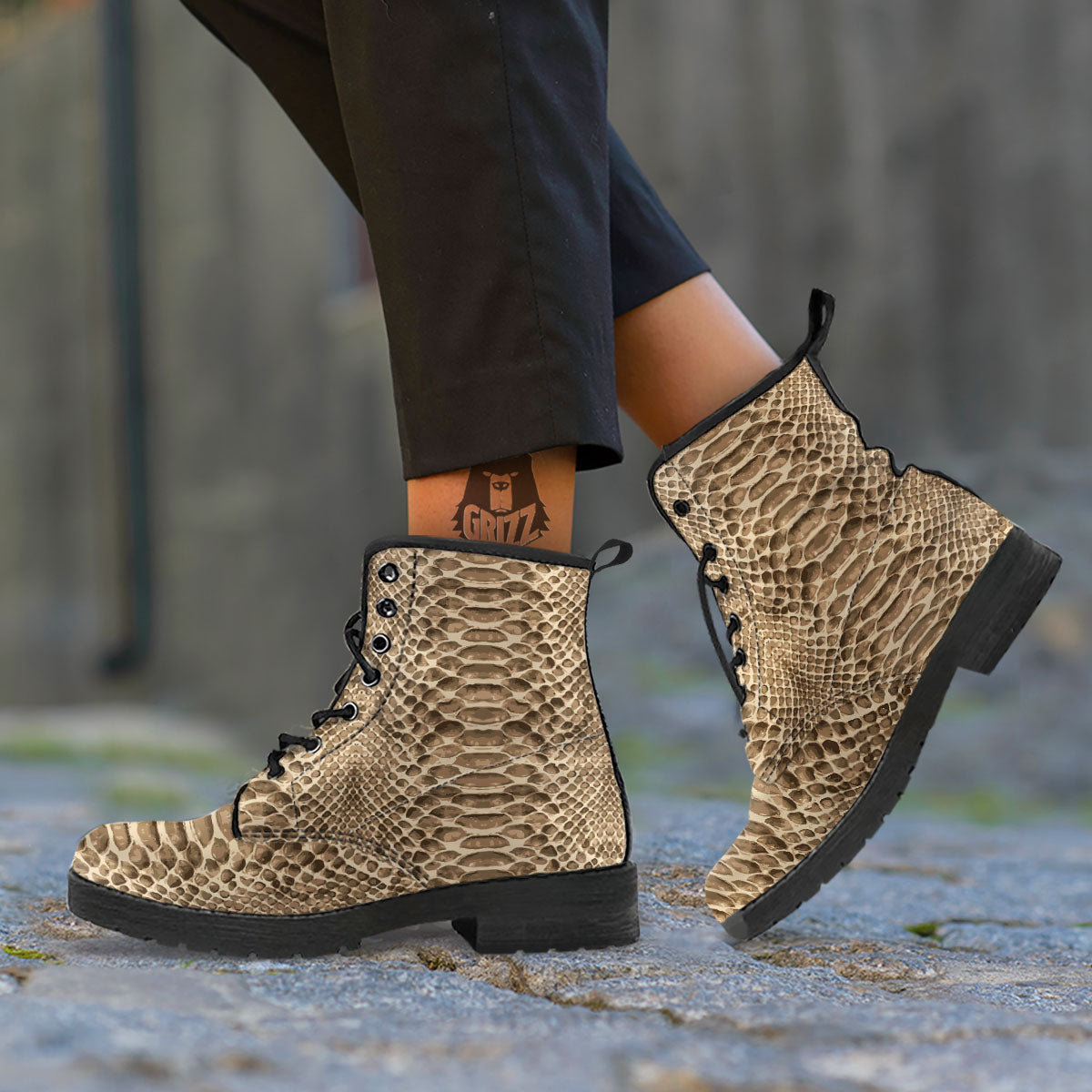 Snakeskin Beige Print Leather Boots-grizzshop