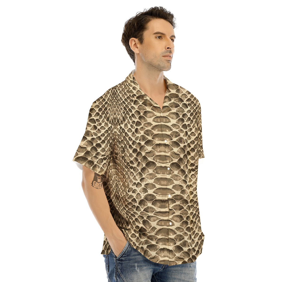 Snakeskin Beige Print Men's Hawaiian Shirt-grizzshop