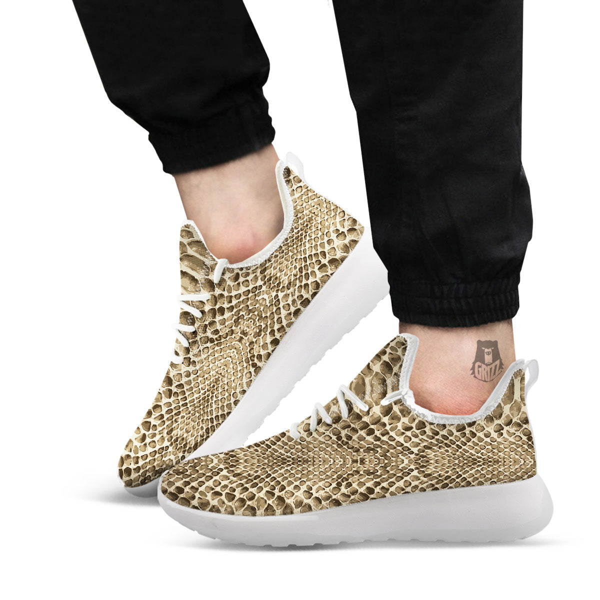 Snakeskin Beige Print White Athletic Shoes-grizzshop