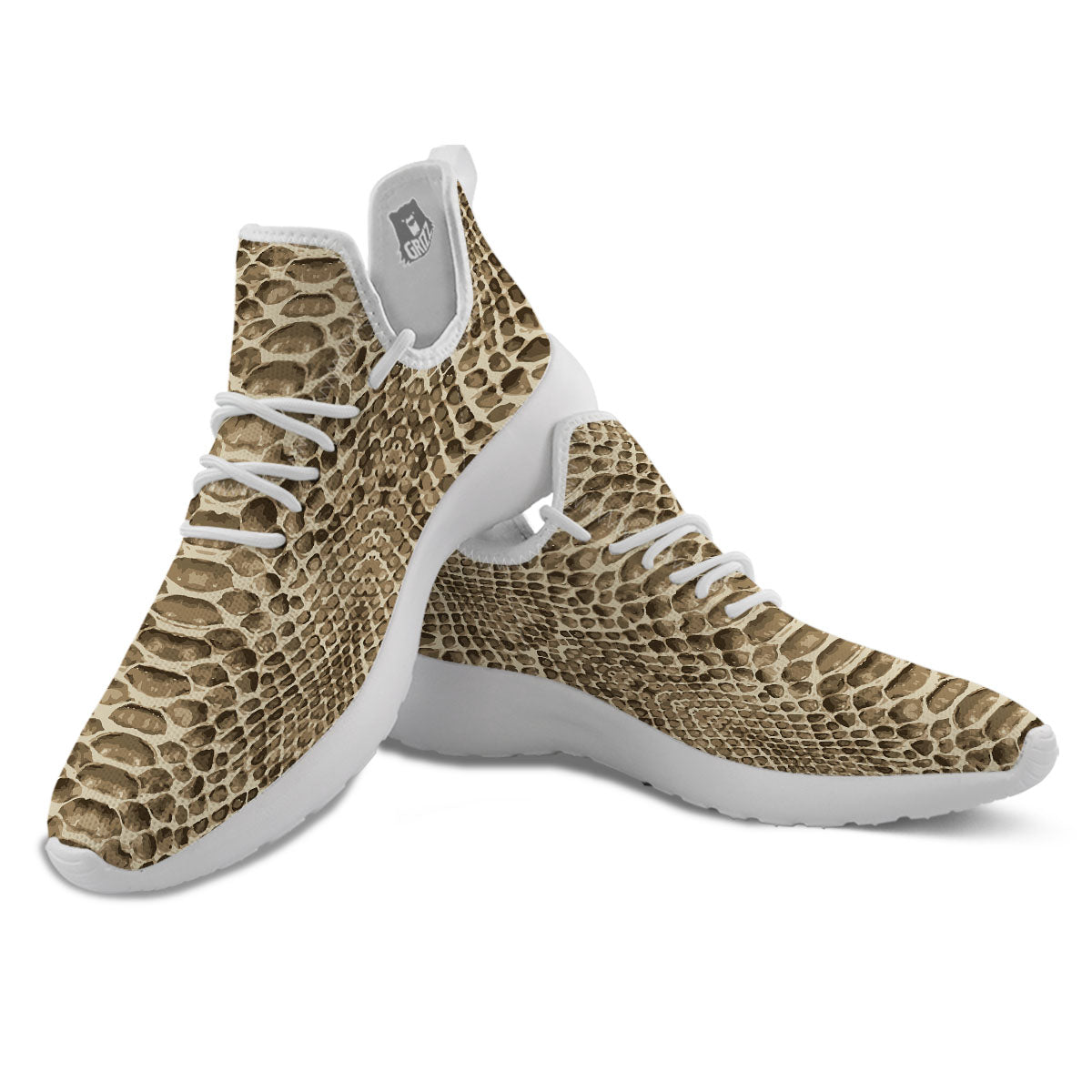 Snakeskin Beige Print White Athletic Shoes-grizzshop