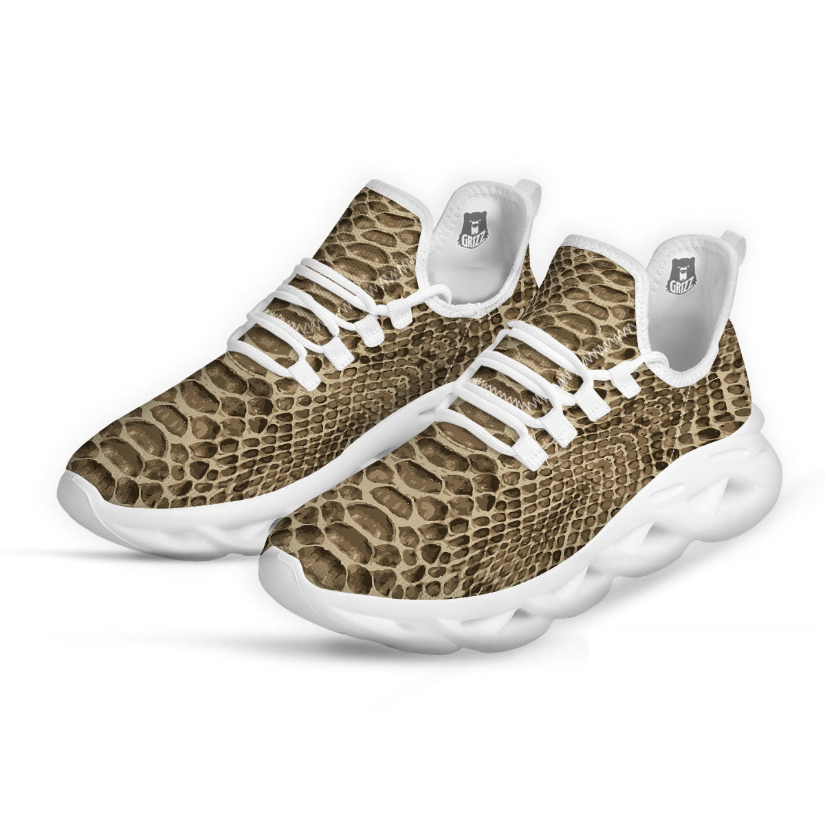 Snakeskin Beige Print White Running Shoes-grizzshop