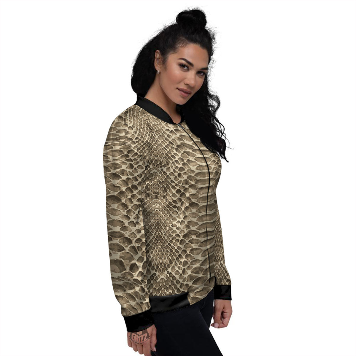 Snakeskin Beige Print Women's Bomber Jacket-grizzshop