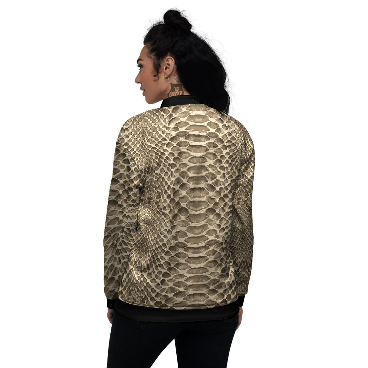 Snakeskin Beige Print Women's Bomber Jacket-grizzshop