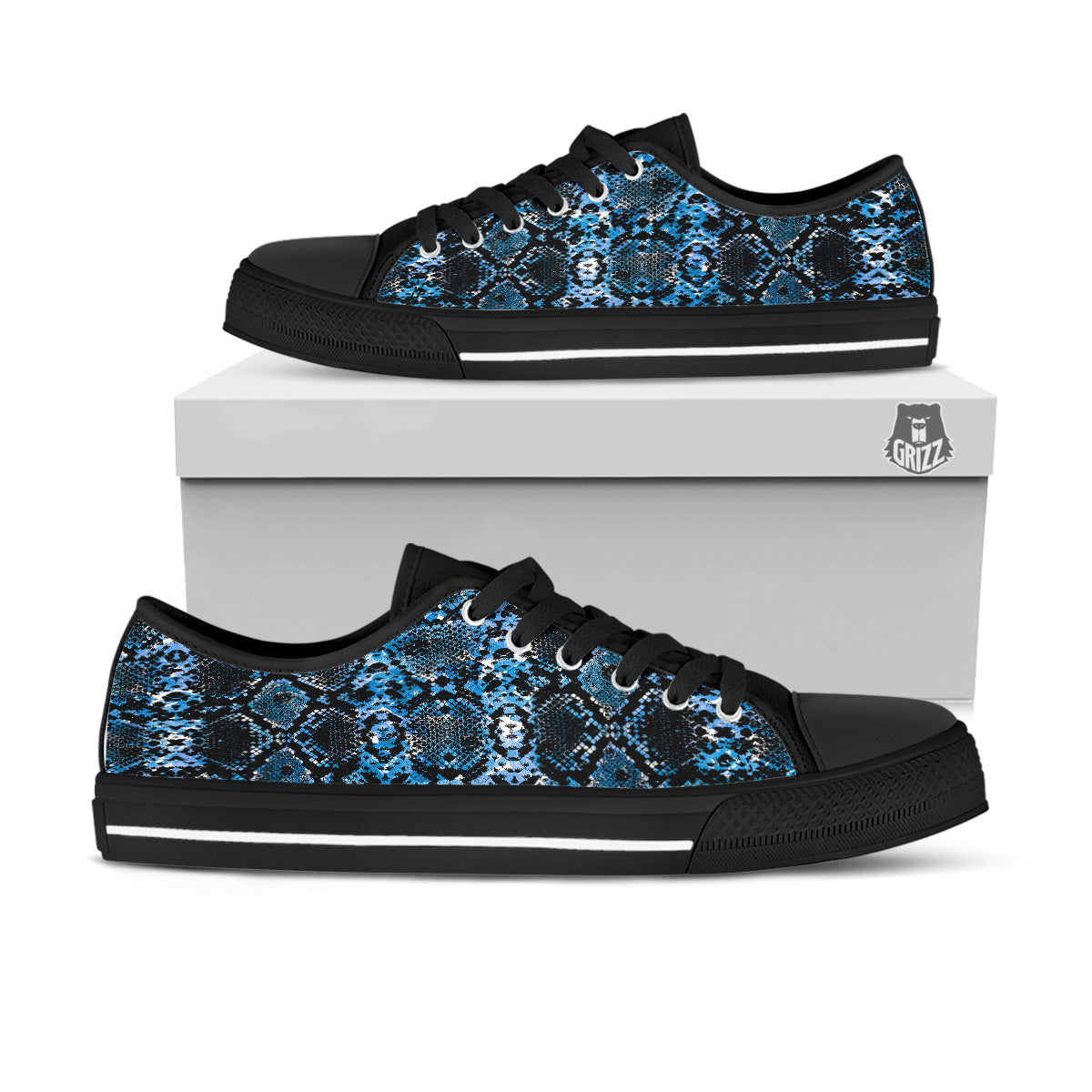 Snakeskin Black And Blue Print Black Low Top Shoes-grizzshop