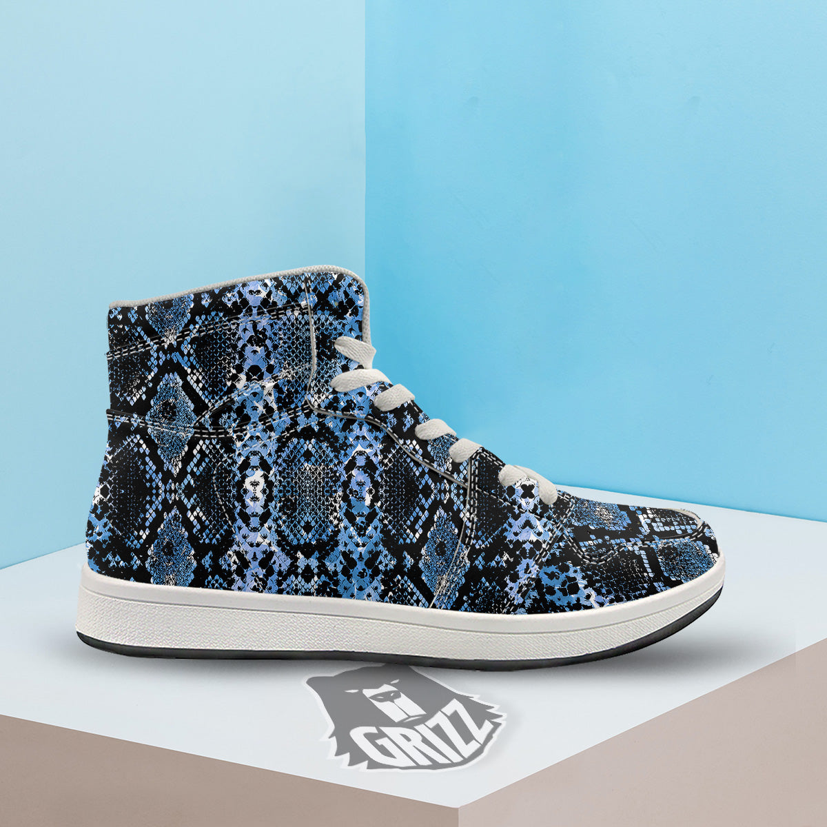 Snakeskin Black And Blue Print High Top Sneakers-grizzshop