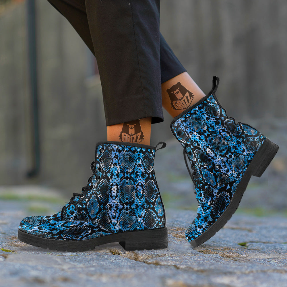 Snakeskin Black And Blue Print Leather Boots-grizzshop