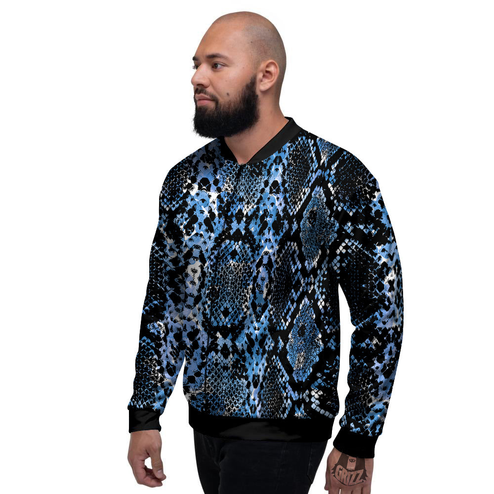 Snakeskin Black And Blue Print Men's Bomber Jacket-grizzshop
