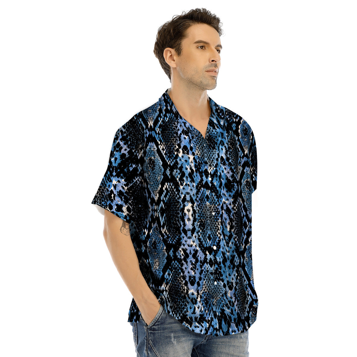Snakeskin Black And Blue Print Men's Hawaiian Shirt-grizzshop