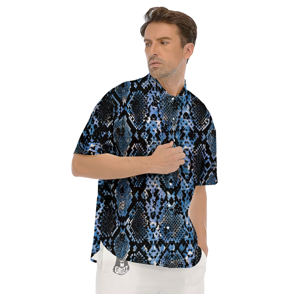 Snakeskin Black And Blue Print Men's Short Sleeve Shirts-grizzshop