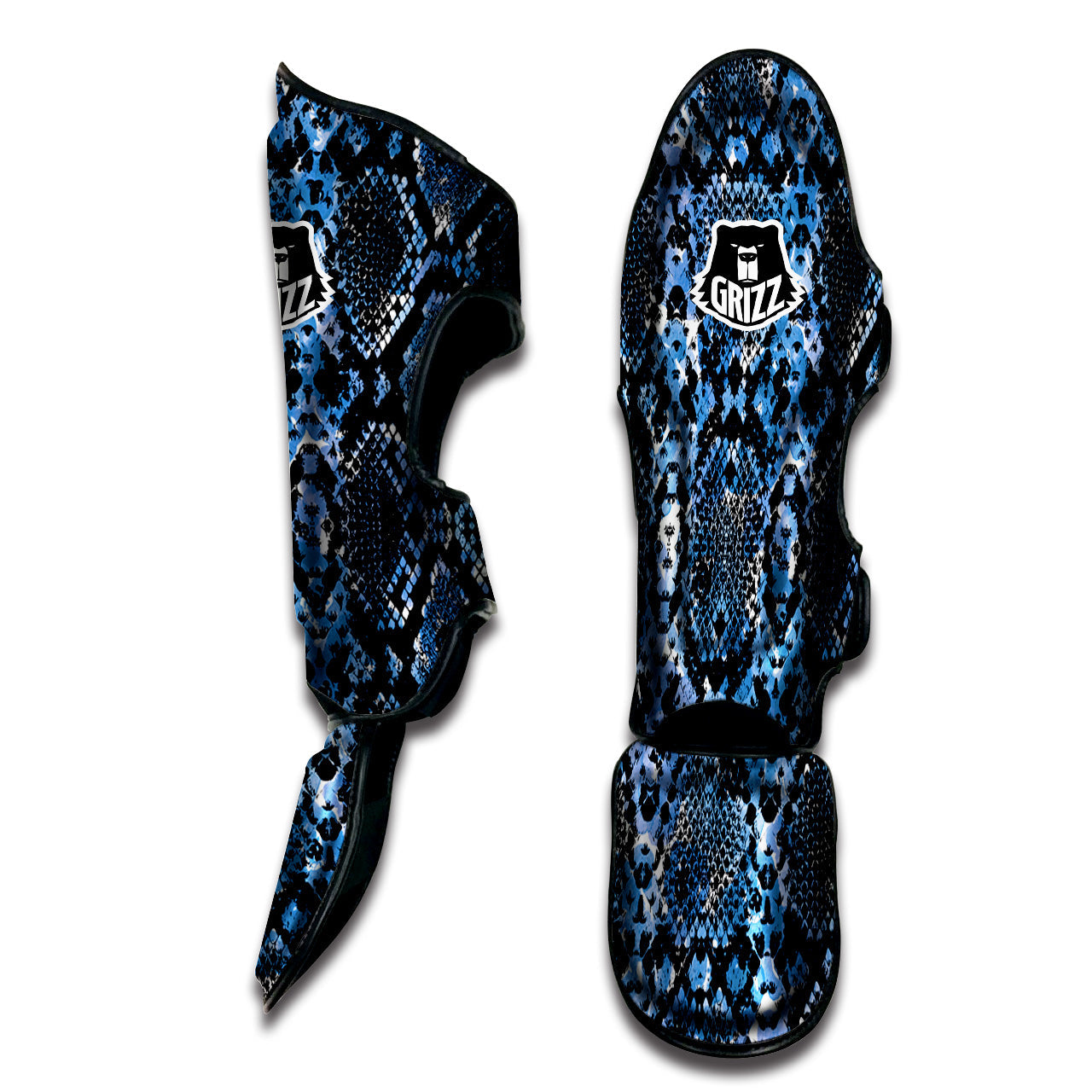 Snakeskin Black And Blue Print Muay Thai Shin Guards-grizzshop