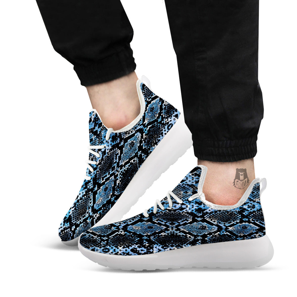 Snakeskin Black And Blue Print White Athletic Shoes-grizzshop