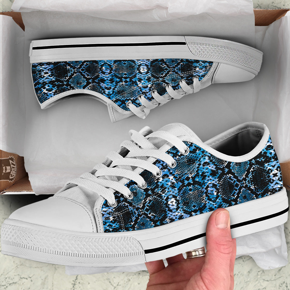 Snakeskin Black And Blue Print White Low Top Shoes-grizzshop