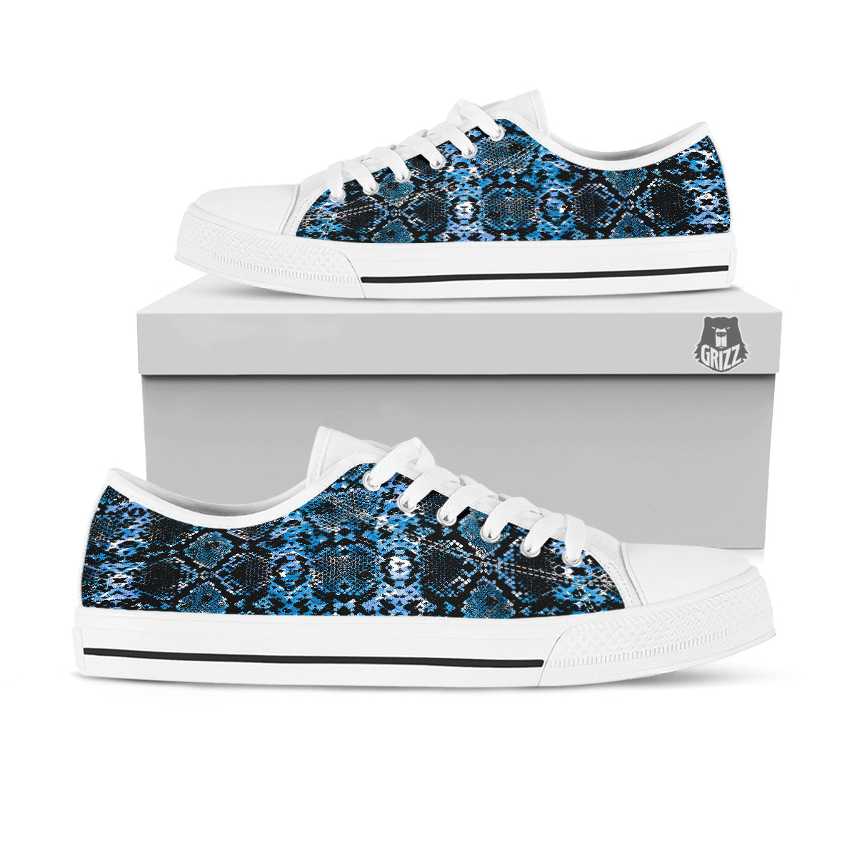Snakeskin Black And Blue Print White Low Top Shoes-grizzshop