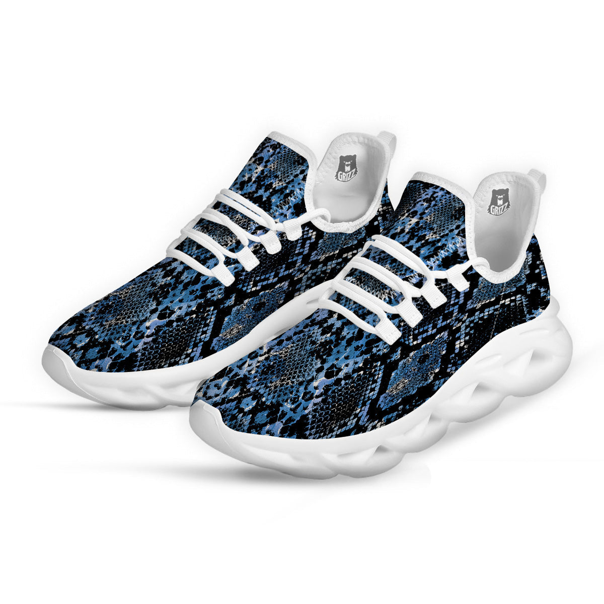 Snakeskin Black And Blue Print White Running Shoes-grizzshop