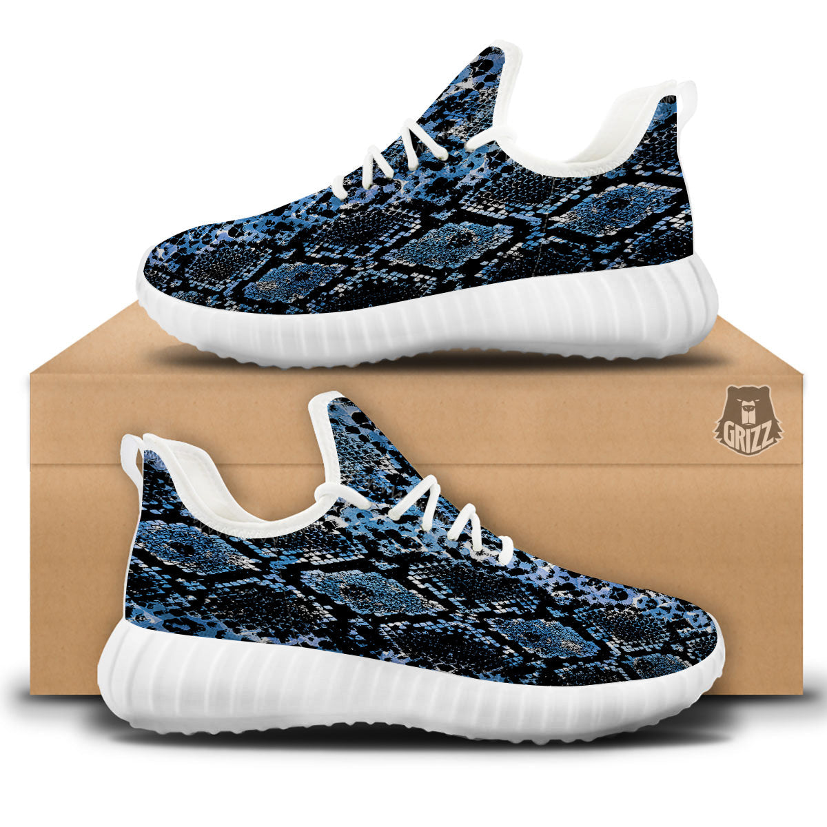 Snakeskin Black And Blue Print White Walking Shoes-grizzshop