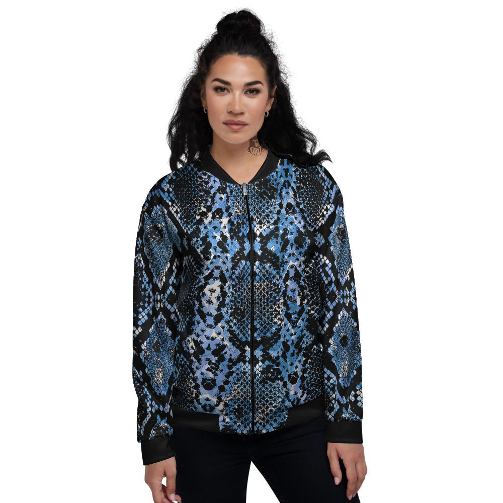 Snakeskin Black And Blue Print Women's Bomber Jacket-grizzshop