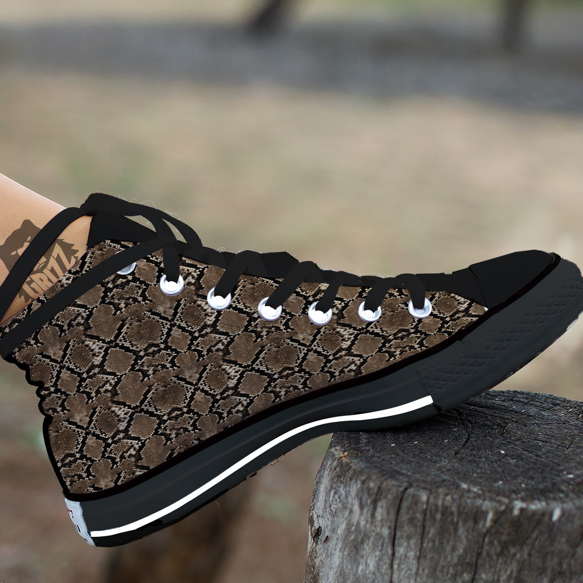 Snakeskin Black And Brown Print Black High Top Shoes-grizzshop