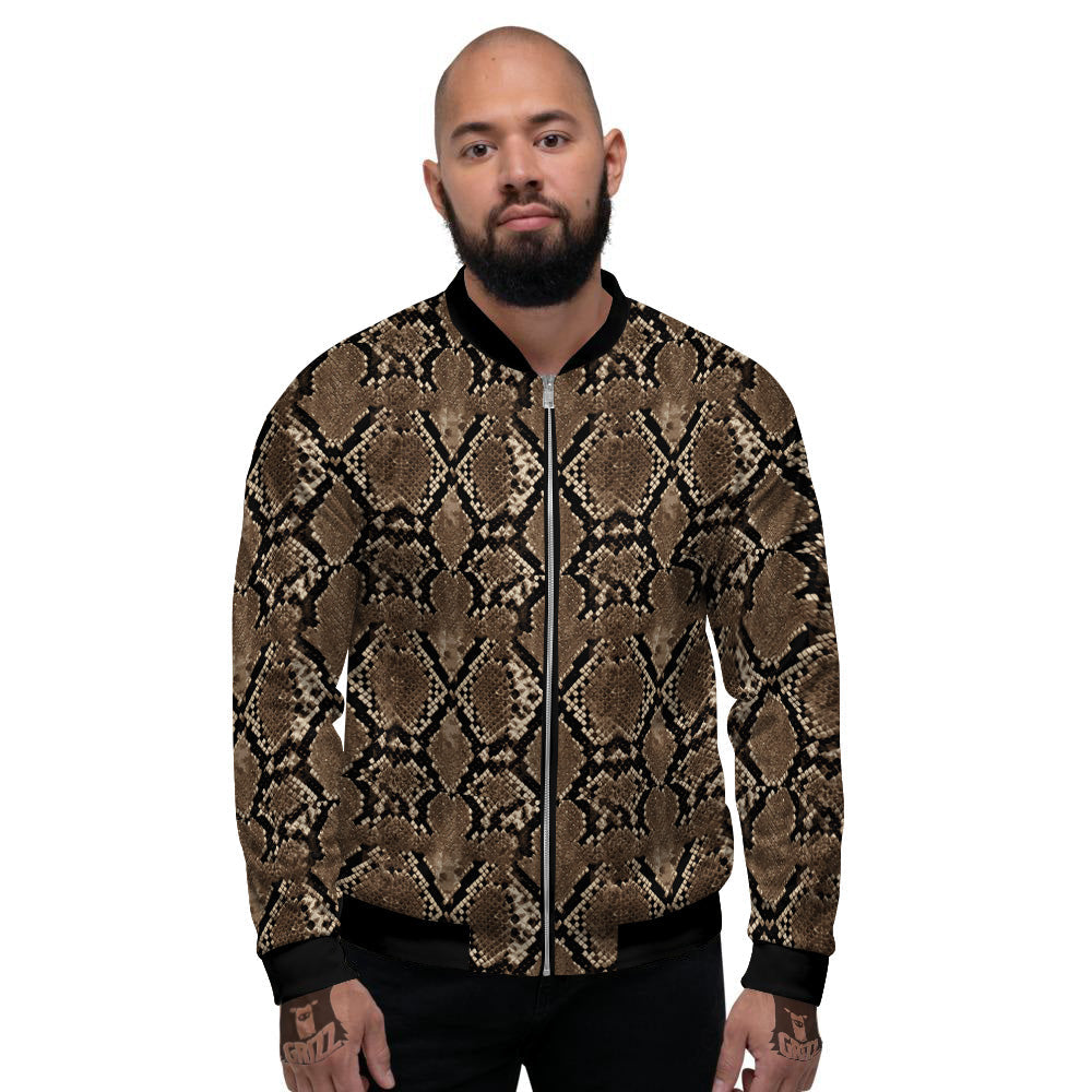 Snakeskin Black And Brown Print Men's Bomber Jacket-grizzshop