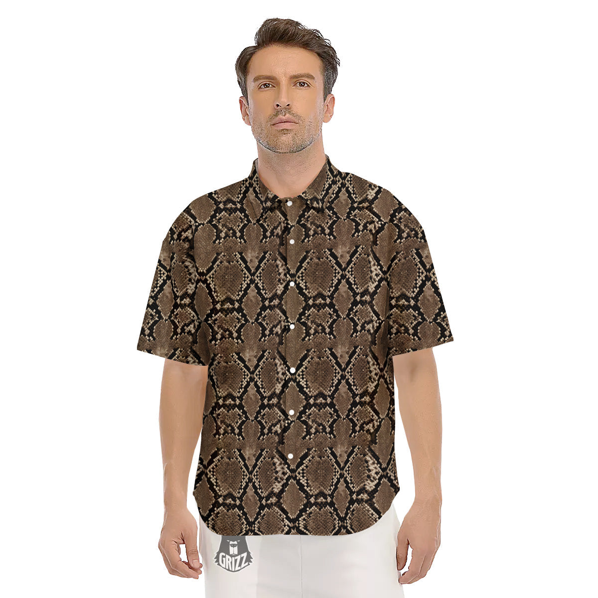 Snakeskin Black And Brown Print Men's Short Sleeve Shirts-grizzshop