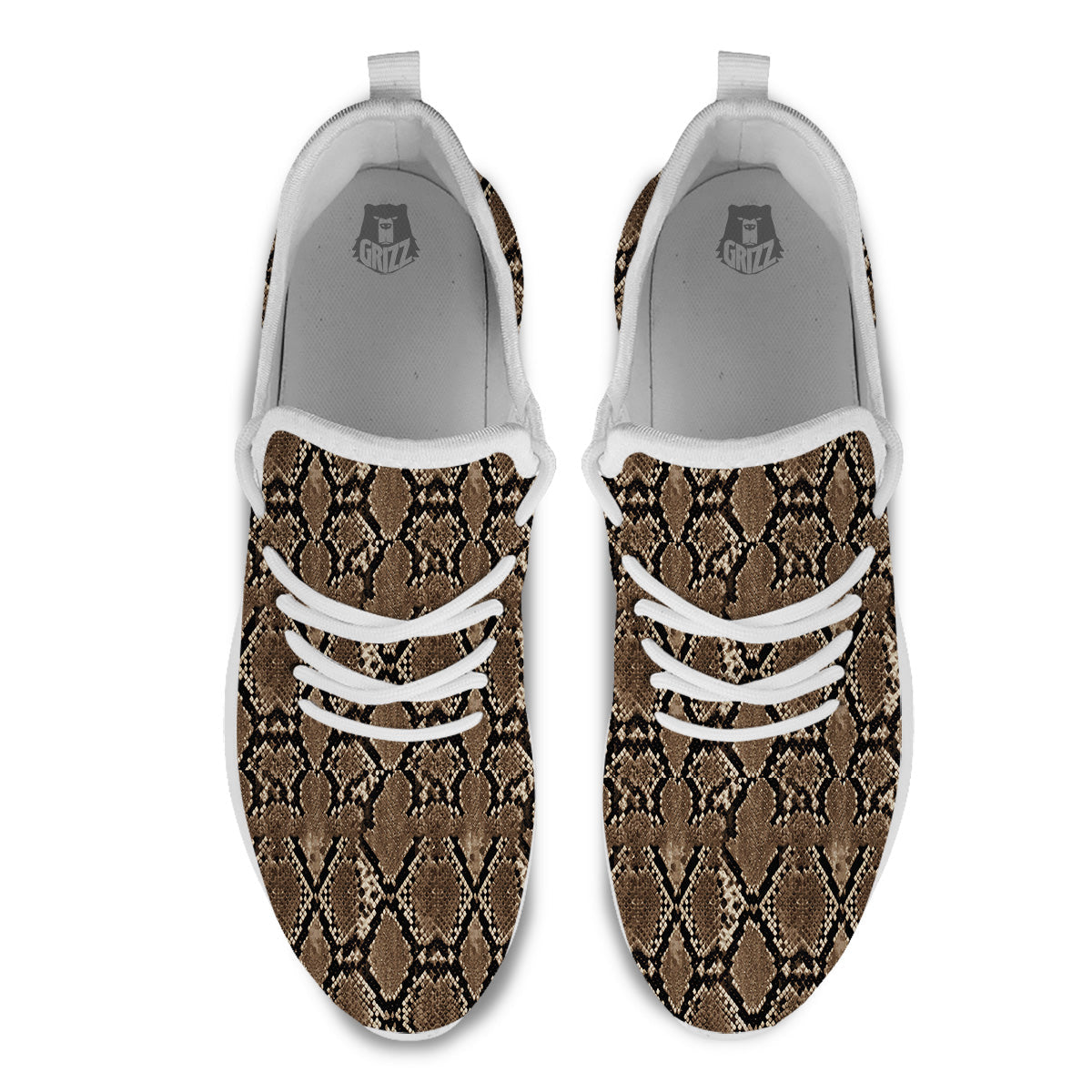 Snakeskin Black And Brown Print White Athletic Shoes-grizzshop