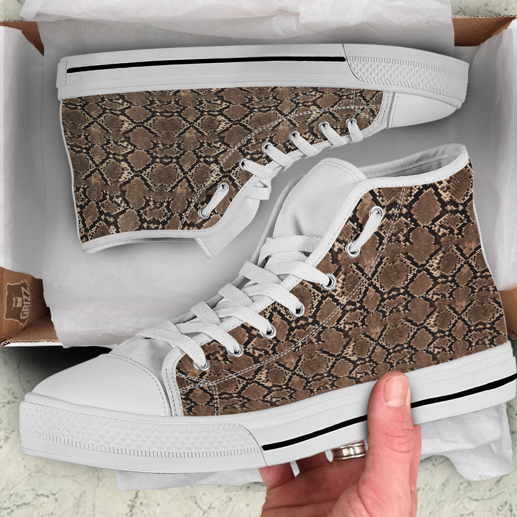 Snakeskin Black And Brown Print White High Top Shoes-grizzshop