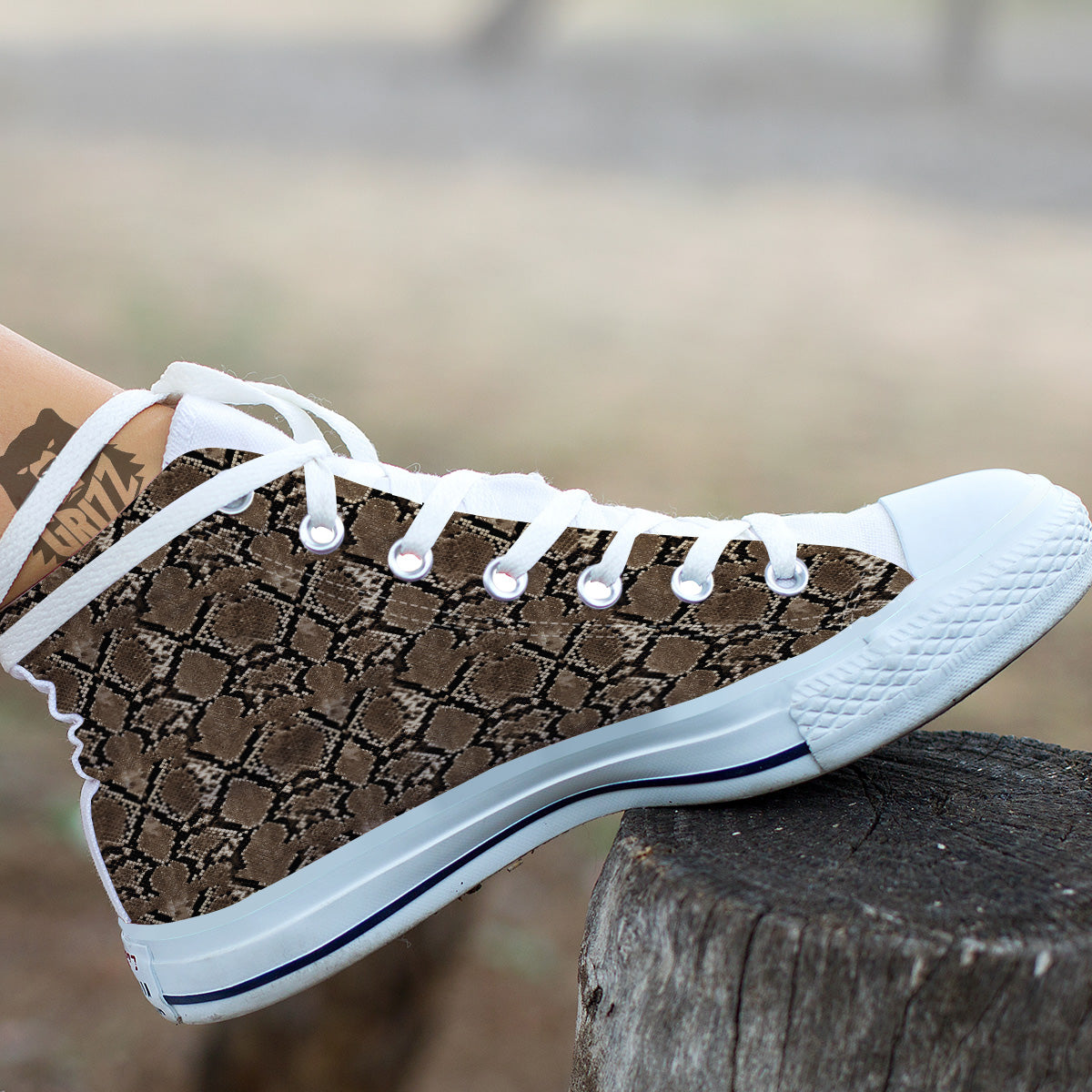 Snakeskin Black And Brown Print White High Top Shoes-grizzshop