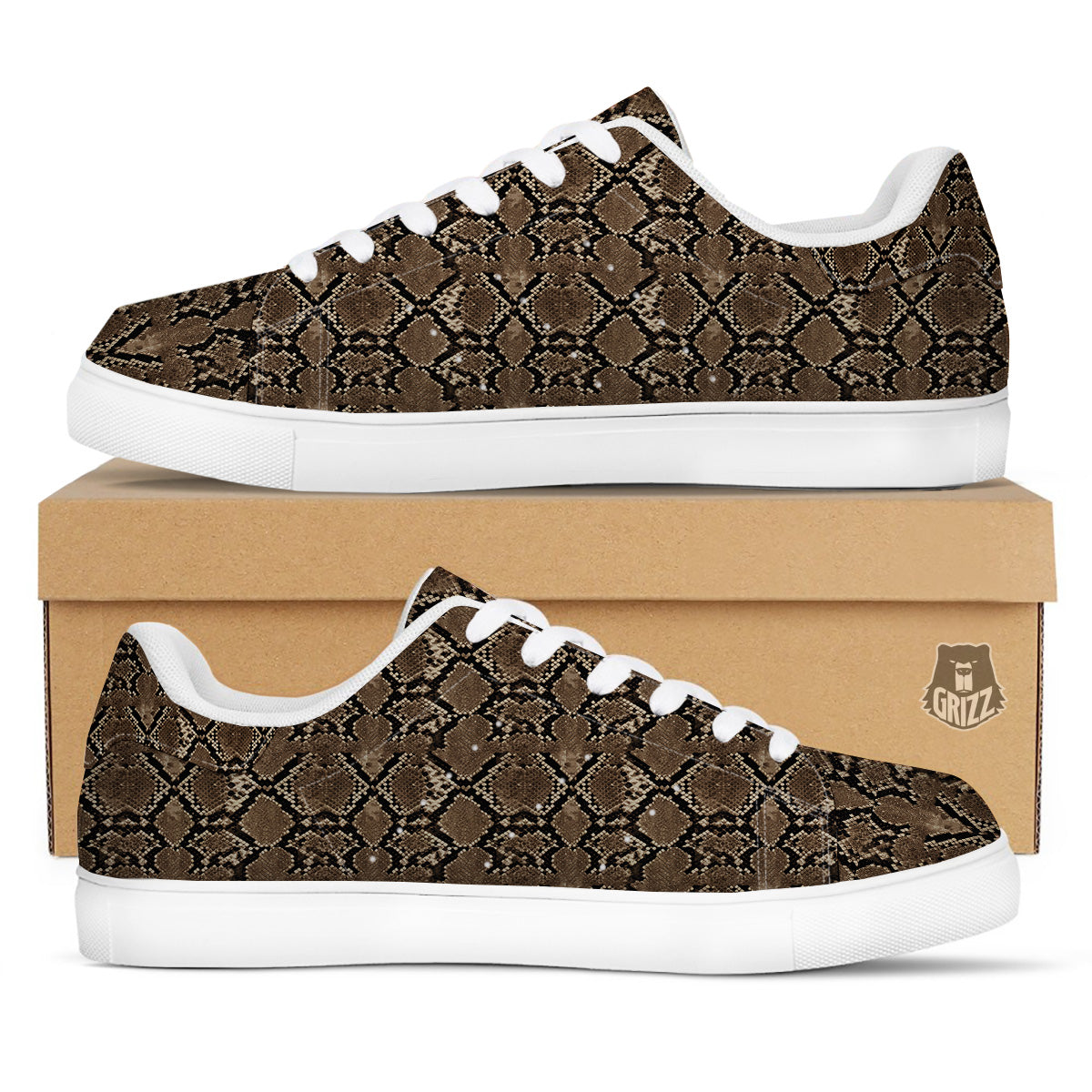 Snakeskin Black And Brown Print White Low Top Sneakers-grizzshop