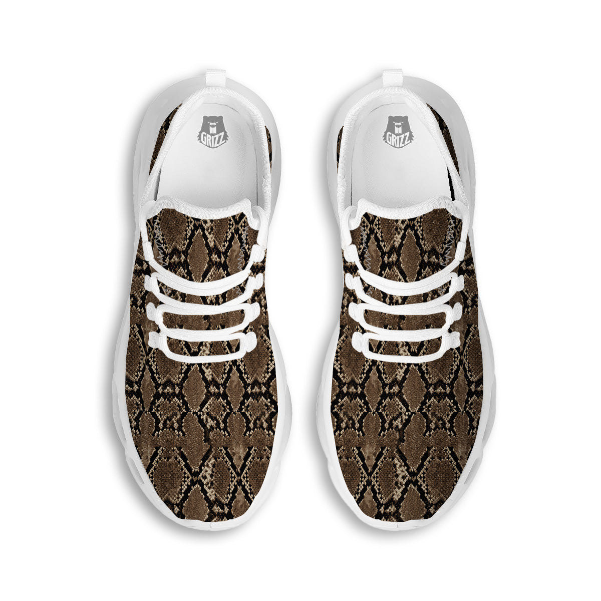 Snakeskin Black And Brown Print White Running Shoes-grizzshop