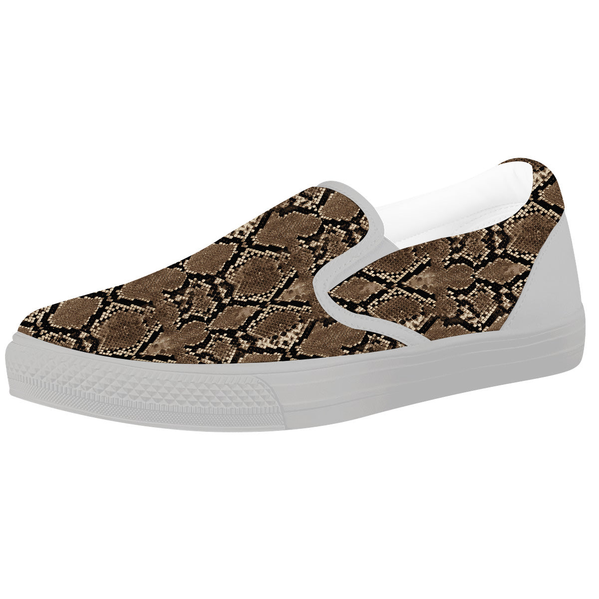 Snakeskin Black And Brown Print White Slip On Shoes-grizzshop