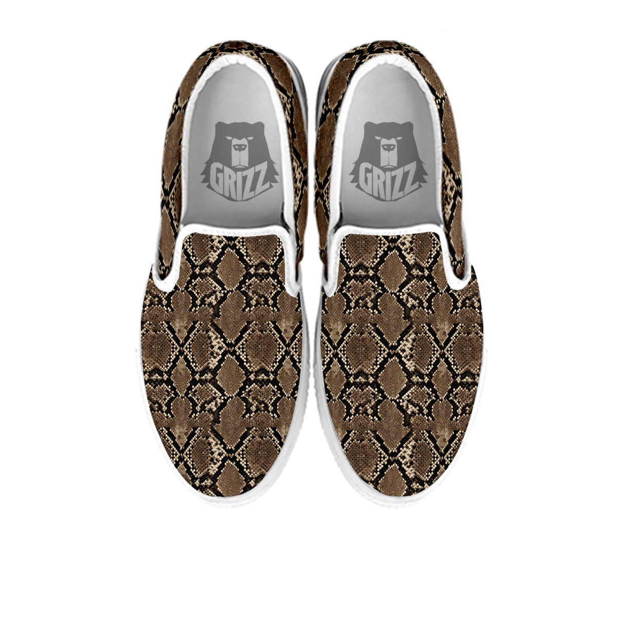 Snakeskin Black And Brown Print White Slip On Shoes-grizzshop