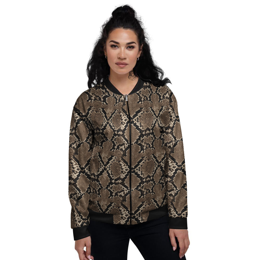 Snakeskin Black And Brown Print Women's Bomber Jacket-grizzshop