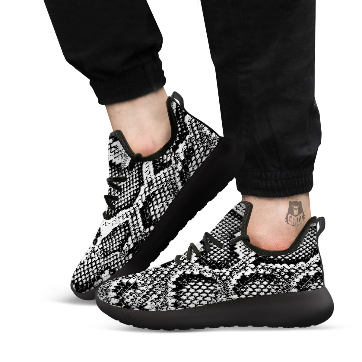 Snakeskin Black And Grey Print Black Athletic Shoes-grizzshop