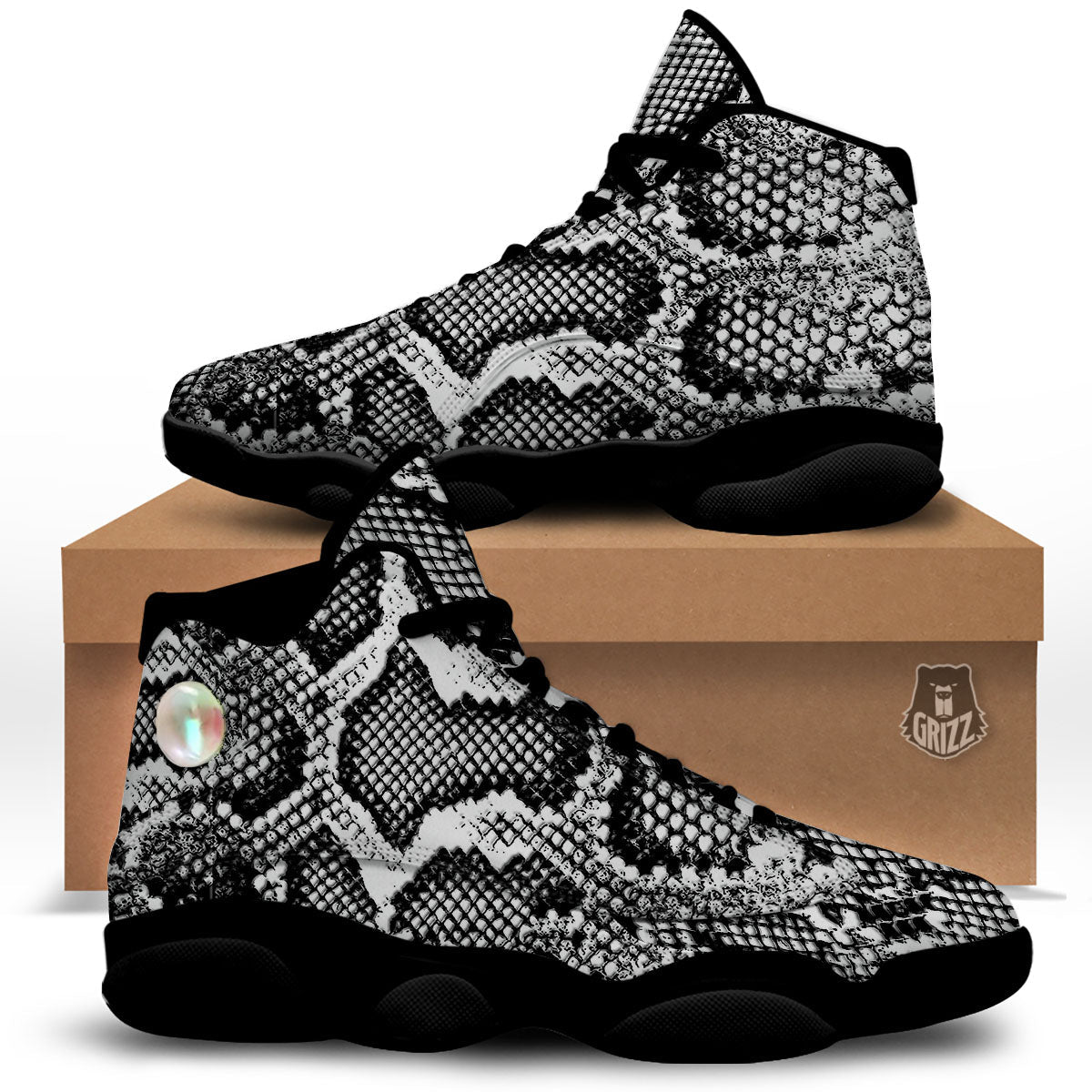 Snakeskin Black And Grey Print Black Basketball Shoes-grizzshop