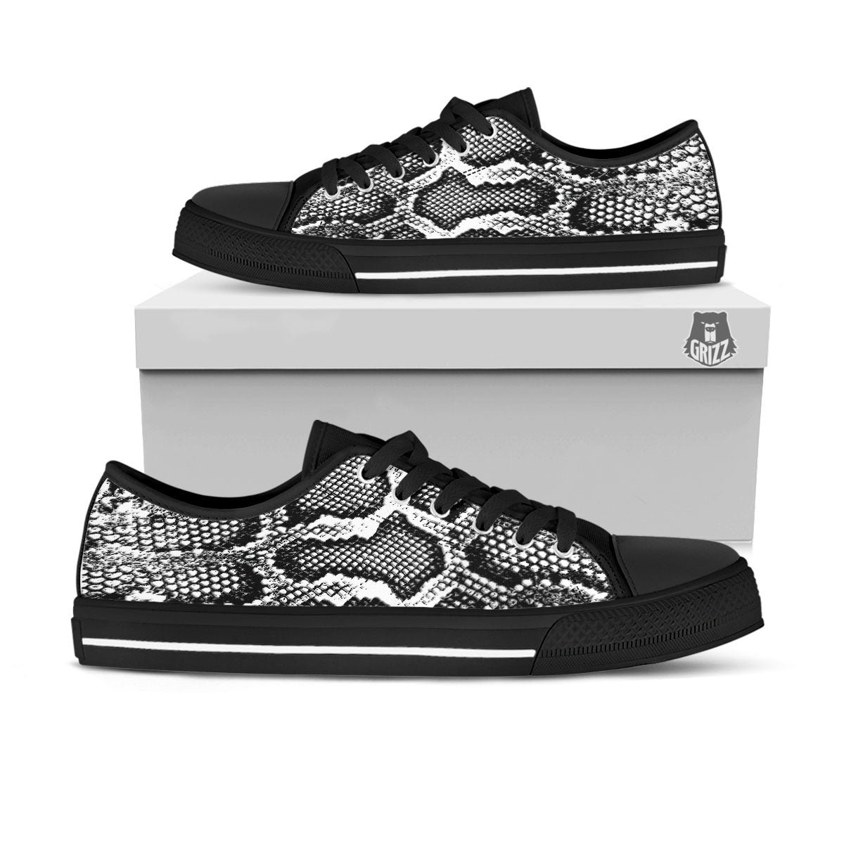 Snakeskin Black And Grey Print Black Low Top Shoes-grizzshop