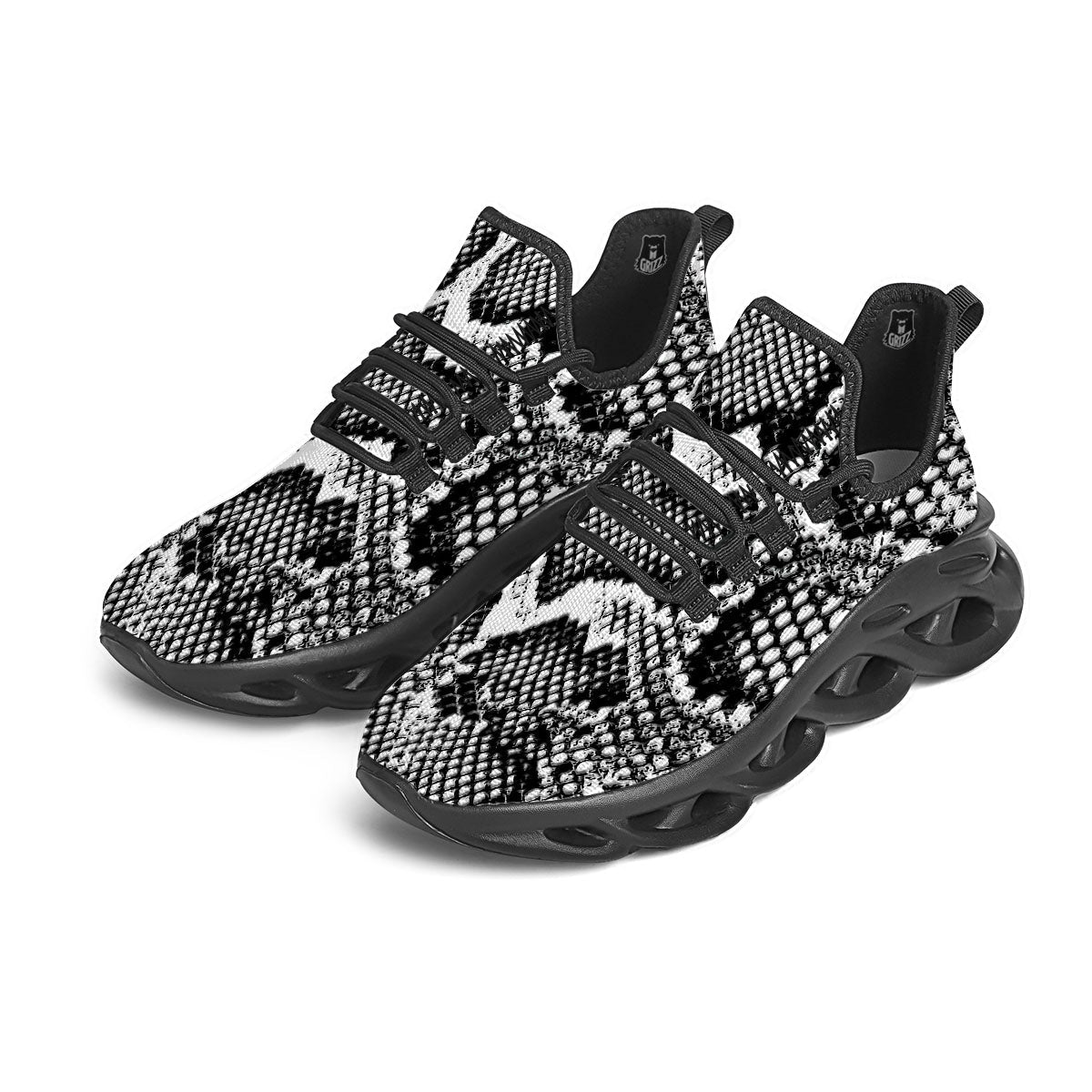 Snakeskin Black And Grey Print Black Running Shoes-grizzshop