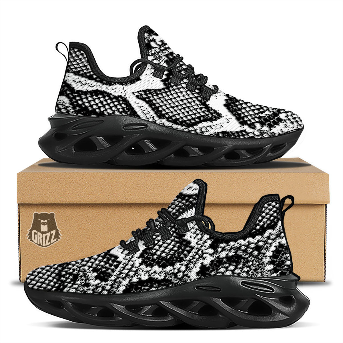Snakeskin Black And Grey Print Black Running Shoes-grizzshop