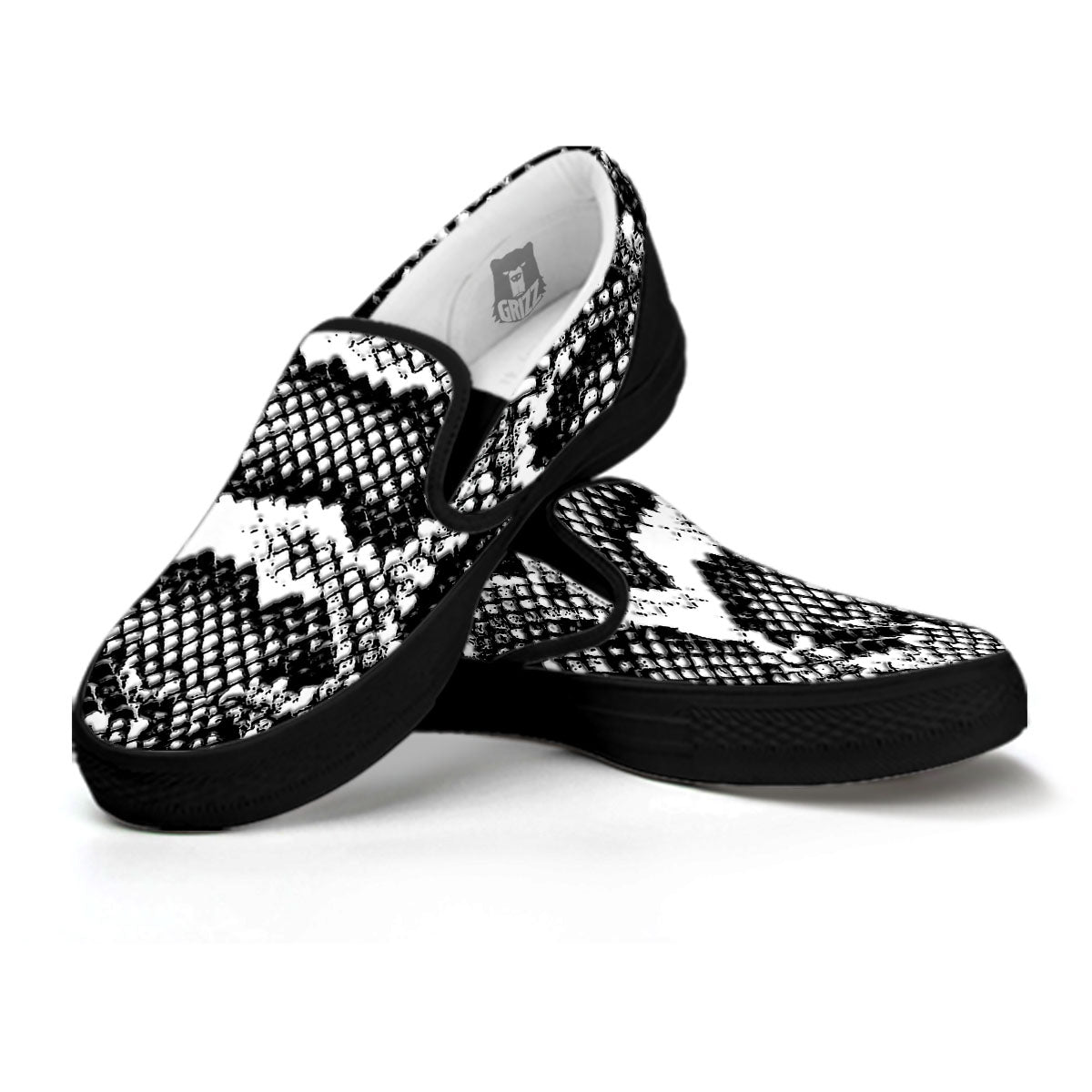 Snakeskin Black And Grey Print Black Slip On Shoes-grizzshop
