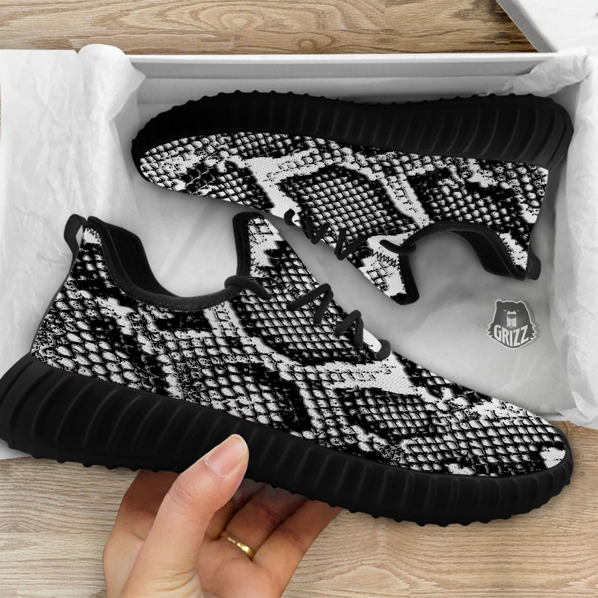 Snakeskin Black And Grey Print Black Walking Shoes-grizzshop